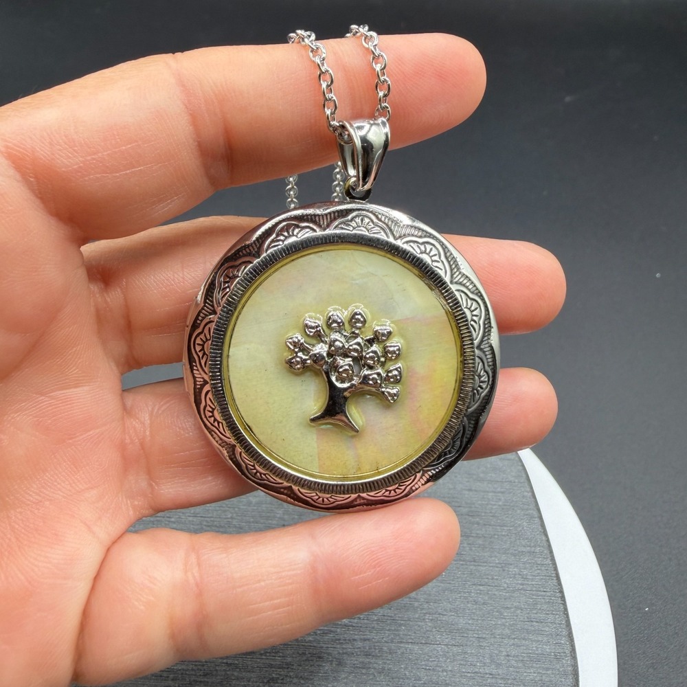Mother of Pearl Tree of Life Locket Necklace Silver Tone Round Photo Pendant